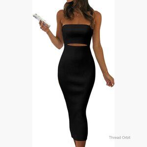Strapless Midi Bodycon Dress, Ribbed Knit, Cut Out Design, Fitted Summer Dress